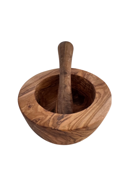 Olivenholz Mörser und Stößel Set Holzmörser Kräutermörser Gewürzmörser ca. 14cm