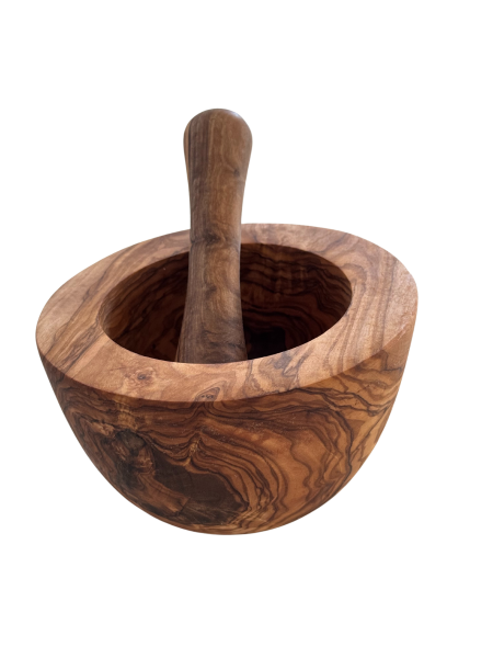 Olivenholz Mörser und Stößel Set Holzmörser Kräutermörser Gewürzmörser ca. 14cm